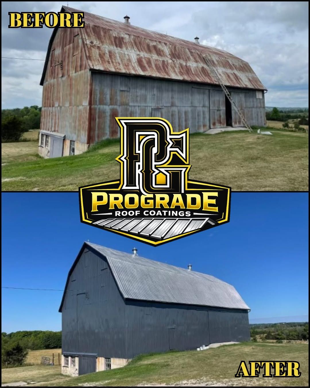 Before and after: a rusted gambrel barn roof, then coated