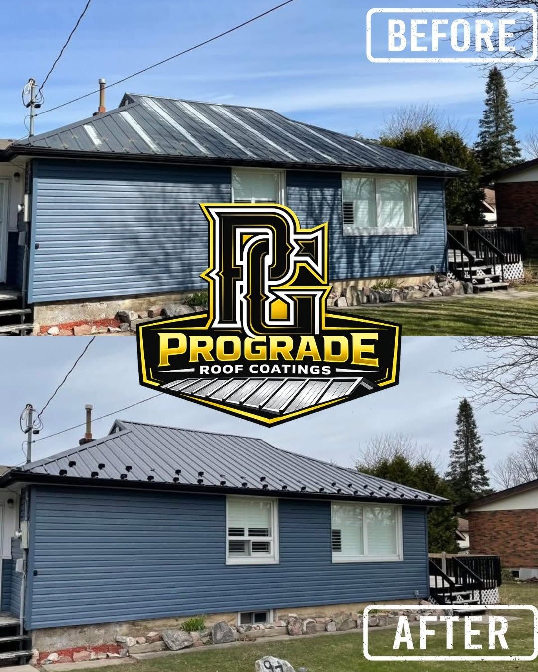 Before and after: a blue house's metal roof, then coated